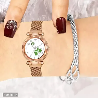HD SALES Fashion Green Flower White Dial Rose Gold Case with Rose Gold Maganet Strap for Girl Analog Watch