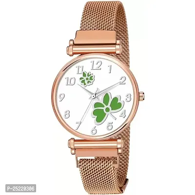 HD SALES White Color Dial Green Dual Flower with Rose Gold Maganet Strap for Girl Women Analog Watch