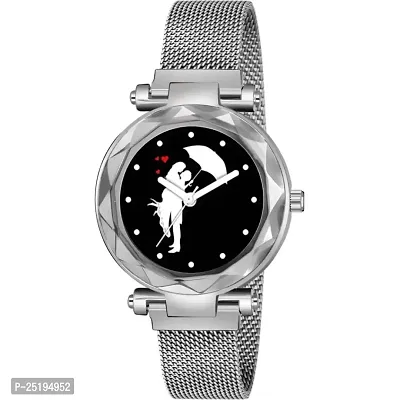 HD SALES Black Dial Couple Chhatari Designer Silver maganet Strap Watch for Girl Analog Watch-thumb0
