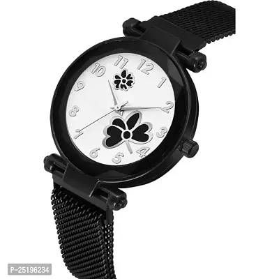 HD SALES Fashion Black Flower White Dial Black Case with Black Maganet Strap for Girl Analog Watch-thumb4