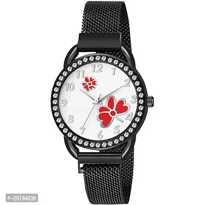 HD SALES Casual Analogue Unique Design Red Flower Printed Dial with Black Maganet Strap Designer Fashion Wrist Analog Watch-thumb0