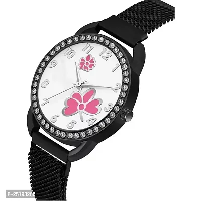 HD SALES Casual Analogue Unique Design Pink Flower Printed Dial with Black Maganet Strap Designer Fashion Wrist Analog Watch-thumb2