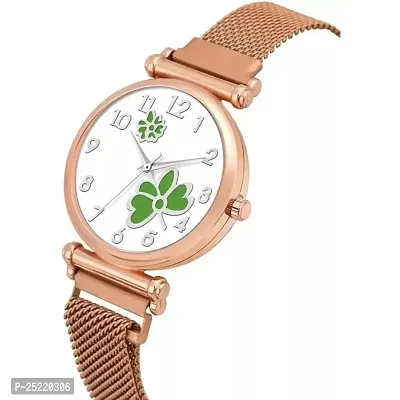 HD SALES White Color Dial Green Dual Flower with Rose Gold Maganet Strap for Girl Women Analog Watch-thumb2