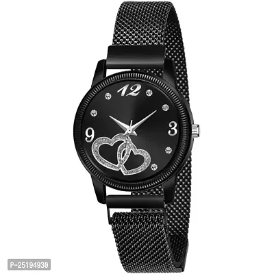 HD SALES Fashion Dual Heart Black Dial Black Maganet Strap for Girl Designer Fashion Wrist Analog Watch