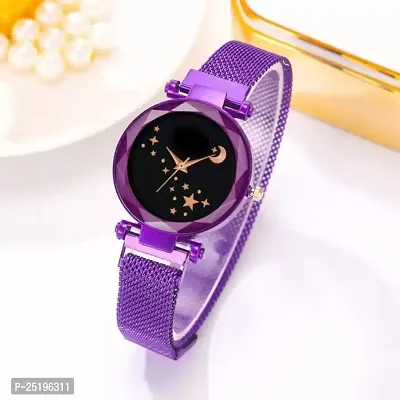 HD SALES Purple Mesh Magnetic Belt Black Dial Quartz Luxurious Fashion Analog Watch