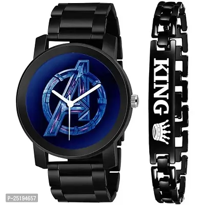 HD SALES DG_0M Series Men Black Methal Strap Fancy Watch  Black King Bracelet Combo Set for Men Analog Watch -