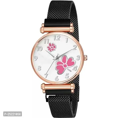 HD SALES White Color Dial Pink Dual Flower with Black Maganet Strap for Girl Women Analog Watch-thumb0