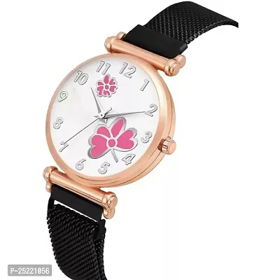 HD SALES White Color Dial Pink Dual Flower with Black Maganet Strap for Girl Women Analog Watch-thumb2