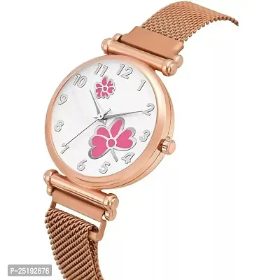 HD SALES White Color Dial Pink Dual Flower with Rose Gold Maganet Strap for Girl Women Analog Watch-thumb2