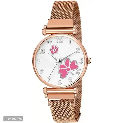 HD SALES White Color Dial Pink Dual Flower with Rose Gold Maganet Strap for Girl Women Analog Watch-thumb0