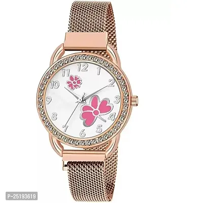 HD SALES Casual Unique Design Pink Flower Printed Dial with Rose Gold Maganet Strap Designer Fashion Wrist Analog Watch