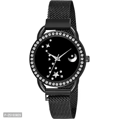 HD SALES Full Dimond with Moon Star Dial Black Magnet Strap WatchFor Girls and Women