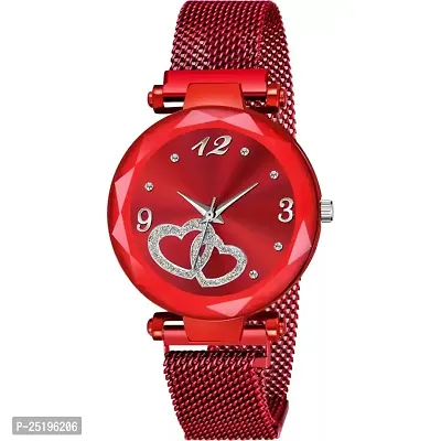 HD SALES Designer Heart Dial Red Magnetic Strap Lady Analog Watch for Girls and Women