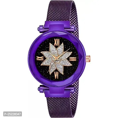 HD SALES Flower Desing Black dial Purple Maganet Strap for Girl Wrist Analog Watch