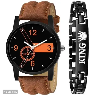 HD SALES 04-2014 New Stylish 1 NO Dial - Lethar Strap  Black King Bracelet Combo Set for Mens and Boys Analog Watch 1 NO Analog Watch
