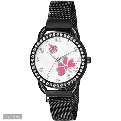 HD SALES Casual Analogue Unique Design Pink Flower Printed Dial with Black Maganet Strap Designer Fashion Wrist Analog Watch