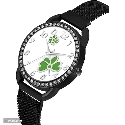 HD SALES Casual Analogue Unique Design Green Flower Printed Dial with Black Maganet Strap Designer Fashion Wrist Analog Watch-thumb4