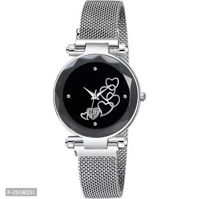 HD SALES Designer Heart Dial Black Silver Magnet Bult Girls and Women Wrist Watches-thumb2