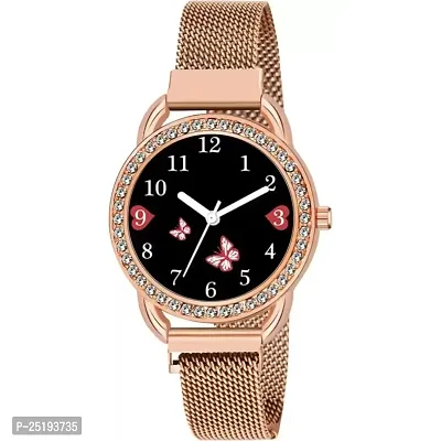 HD SALES Black Batterfly Dial Rose Gold Maganet Strap Watch for Girl Analog Watch