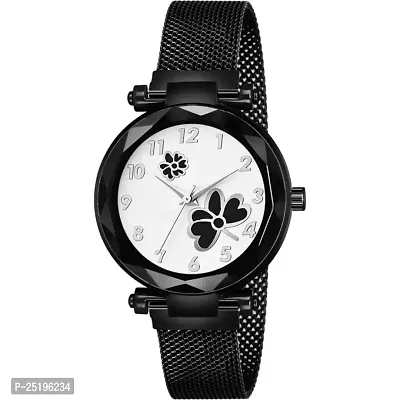 HD SALES Fashion Black Flower White Dial Black Case with Black Maganet Strap for Girl Analog Watch