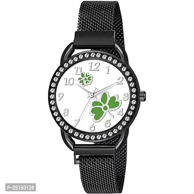 HD SALES Casual Analogue Unique Design Green Flower Printed Dial with Black Maganet Strap Designer Fashion Wrist Analog Watch-thumb0