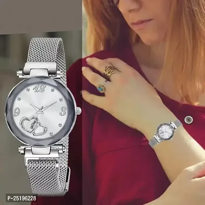 HD SALES Heart Dial Silver Magnetic Strap Fashion Lady Analog Watch for Girls and Women-thumb0