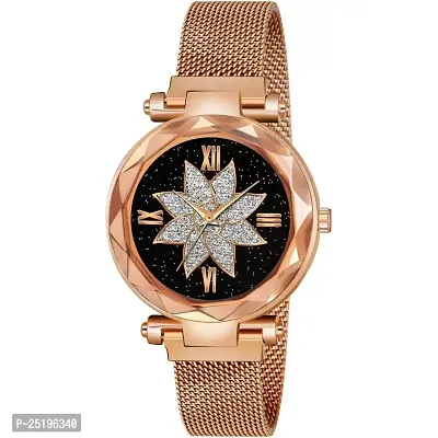 HD SALES Flower Desing Black dial Rose Gold Maganet Strap for Girl Wrist Analog Watch-thumb0