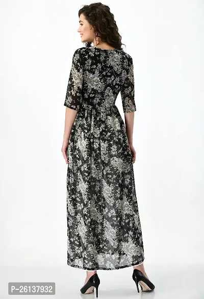 AERAMA Women Floral Printed A-Line Black Maxi Summer Dress for Women-thumb2