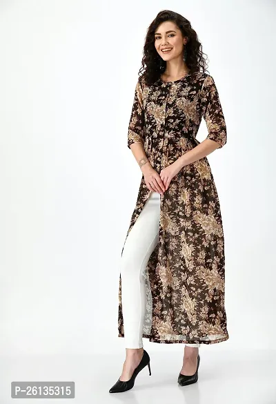 AERAMA Women Floral Printed A-Line Brown Maxi Summer Dress for Women-thumb4