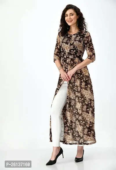 AERAMA Women Floral Printed A-Line Brown Maxi Summer Dress for Women-thumb4