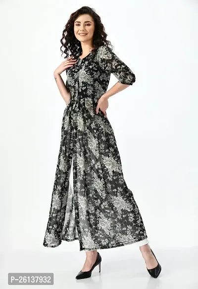 AERAMA Women Floral Printed A-Line Black Maxi Summer Dress for Women-thumb3