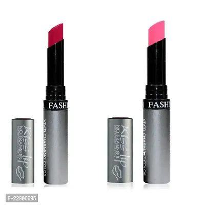 Fashion Colour Kiss Lip No Transfer Lipstick, Waterproof, Smudgeproof, Long Lasting Combo (Rose Carmine  Light Pink)-thumb0