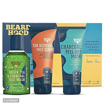 Beardhood Complete Face Care Kit (Tan Removal Scrub, Peel Off Mask, Green Tea Face Wash), Gift Box Pack Of 3-thumb0