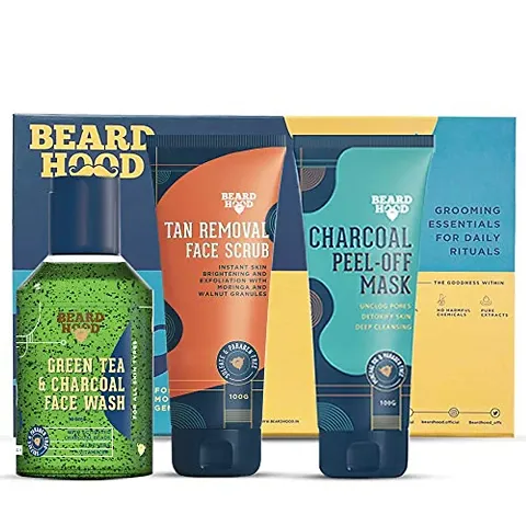 Beardhood Complete Face Care Kit (Tan Removal Scrub, Peel Off Mask, Green Tea Face Wash), Gift Box Pack Of 3