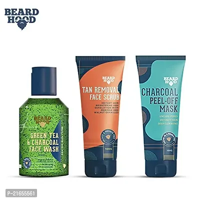 Beardhood Complete Face Care Kit (Tan Removal Scrub, Peel Off Mask, Green Tea Face Wash), Gift Box Pack Of 3-thumb3