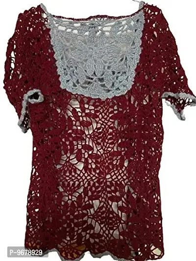 Women's Deecrochet Handmade Crochet Lace Cardigan Woollen Top - Maroon and Grey Color (2XL)-thumb3