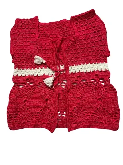 Deecrochet Woolen Crocheted Cardigan Jacket for Woman (Pink Color, Small)