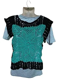 Deecrochet Acrylic Woolen Pullover Top for Woman (Sea Green and Black, Large)-thumb3