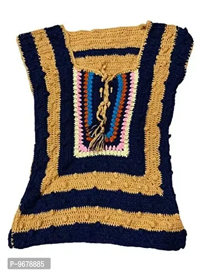 Deecrochet Women's Handmade Crocheted Woolen Pullover Top (SK088; Beige and Blue; Medium)