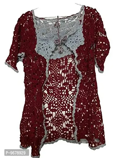 Women's Deecrochet Handmade Crochet Lace Cardigan Woollen Top - Maroon and Grey Color (2XL)