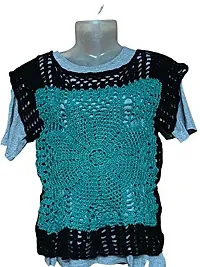 Deecrochet Acrylic Woolen Pullover Top for Woman (Sea Green and Black, Large)-thumb2