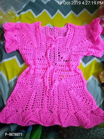 Deecrochet Woolen Empire Pattern Bell Sleeves Top for Woman - Pink, 2XL-thumb5