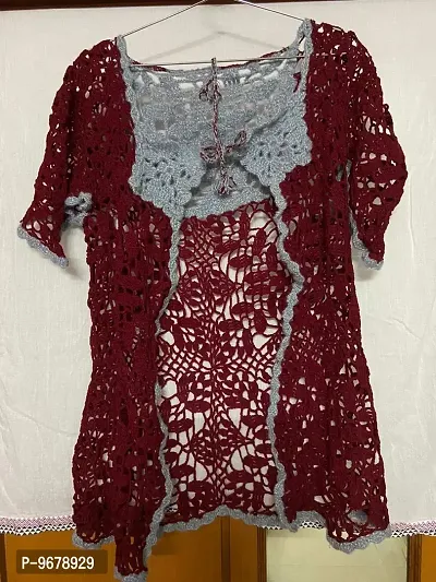 Women's Deecrochet Handmade Crochet Lace Cardigan Woollen Top - Maroon and Grey Color (2XL)-thumb4