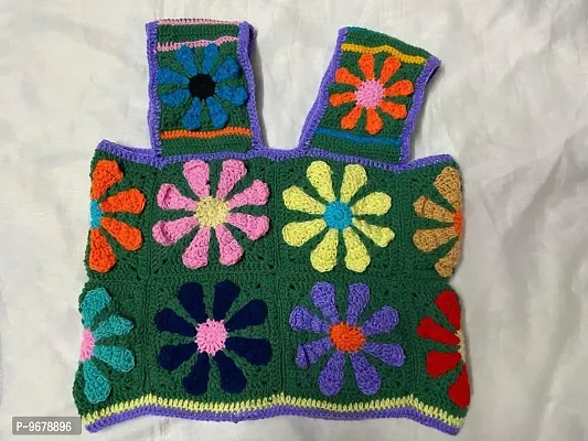 Deecrochet Crocheted Woolen Daisy Flower 3D Crop Top for Woman - Size 36, Multicolor-thumb2
