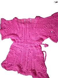 Deecrochet Woolen Empire Pattern Bell Sleeves Top for Woman - Pink, 2XL-thumb1
