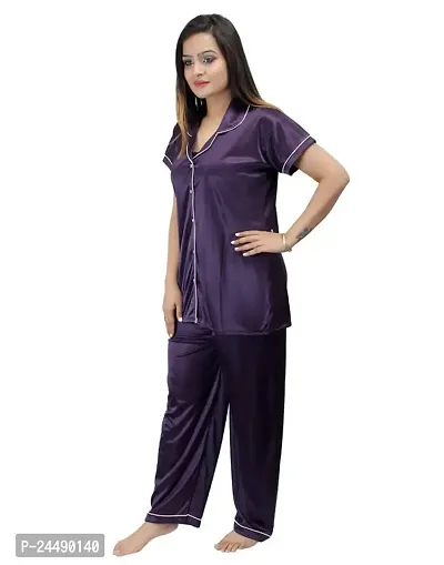 Ansh Collection Women's Satin 2 Pcs Night Suit Set (1 Shirt, 1 Pyjama)-; [Satin-1-Ns]-thumb3