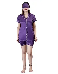 Ansh Collection Women's Satin 4 Pcs Night Suit Set (1 Shirt, 1 Pyjama, 1 Short, 1 Eye Mask); [Satin-4-I-Mask]-thumb3