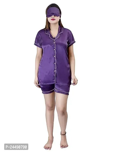 Ansh Collection Women's Satin 4 Pcs Night Suit Set (1 Shirt, 1 Pyjama, 1 Short, 1 Eye Mask); [Satin-4-I-Mask]-thumb4