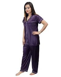 ANSH COLLECTION Women's Satin 2 Pcs Night Suit Set (1 Shirt, 1 Pyjama), Purple (Free Size); [FBA-Satin-Purple-Ns]-thumb2