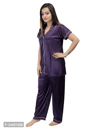 ANSH COLLECTION Women's Satin 2 Pcs Night Suit Set (1 Shirt, 1 Pyjama), Purple (Free Size); [FBA-Satin-Purple-Ns]-thumb3